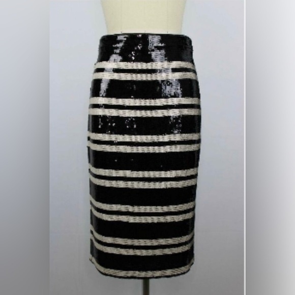 ALICE + OLIVIA Black Ivory Striped Sequin Embellished Rue Pencil Skirt - Picture 3 of 5